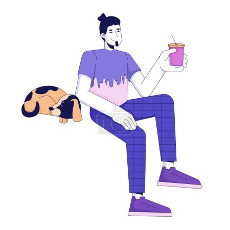 Illustration for Sleeping dog and happy guy chilling with drink 2D linear cartoon character. Relaxed adult man drinking cocktail isolated line vector person white background. Rest with pet color flat spot illustration - Royalty Free Image