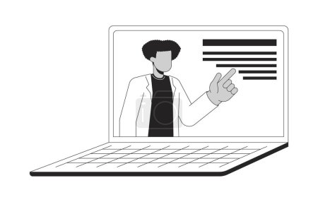 Illustration for Virtual teacher laptop black and white 2D line cartoon object. Seminar e-learning. Online lecturer notebook isolated vector outline item. Distance lecture webinar monochromatic flat spot illustration - Royalty Free Image