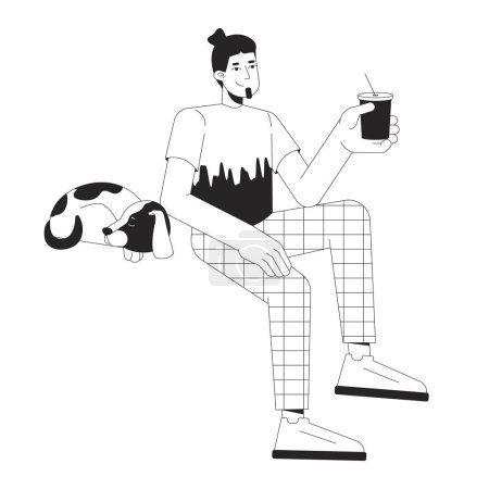 Illustration for Sleeping dog and happy guy chilling with drink black and white 2D line cartoon character. Adult man drinking cocktail isolated vector outline person. Rest with pet monochromatic flat spot illustration - Royalty Free Image