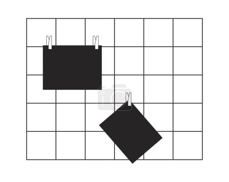 Illustration for Wall grid panel sticky notes black and white 2D line cartoon object. Hanging post-it notes isolated vector outline item. Agenda workplace. Memories reminder monochromatic flat spot illustration - Royalty Free Image