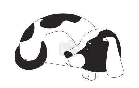 Téléchargez les illustrations : Chien endormi beagle recroquevillé noir et blanc personnage de dessin animé ligne 2D. Chiot endormi. Animal unique animal animal isolé vecteur contour animal. Illustration monochromatique de tache plate généalogique compagnon - en licence libre de droit