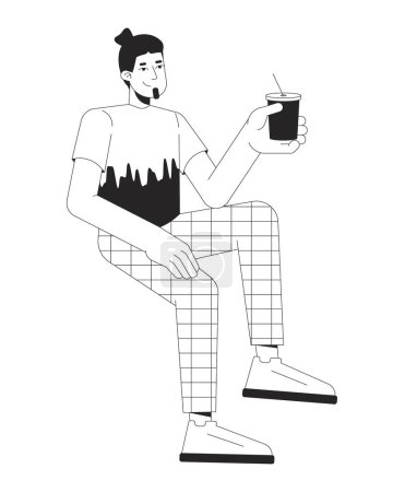 Illustration for Smiling caucasian man chilling with drink black and white 2D line cartoon character. Relaxed guy holding cocktail cheers isolated vector outline person. Carefree monochromatic flat spot illustration - Royalty Free Image