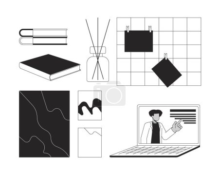 Ilustración de Acogedor estudio de papelería en blanco y negro 2D línea de dibujos animados objetos conjunto. Cuaderno de notas adhesivas aislado colección de elementos de contorno vectorial. Difusor de lengüeta, ilustraciones planas monocromáticas del punto del ordenador portátil - Imagen libre de derechos