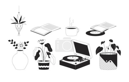Illustration for Hippie boho interior decor black and white 2D line cartoon objects set. Cozy accessories isolated vector outline items collection. Flowerpots books, vinyl player monochromatic flat spot illustrations - Royalty Free Image