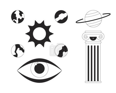 Illustration for Mysterious cosmos planets black and white 2D line cartoon objects set. Ancient pillar, eyeball eye, sun system isolated vector outline items collection. Universe monochromatic flat spot illustrations - Royalty Free Image