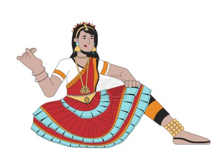 Téléchargez les illustrations : Femme danseuse bharatanatyam sur Deepavali ligne dessin animé plat illustration. Diwali danseuse indienne femelle personnage linéaire 2D isolé sur fond blanc. Adoration de Lakshmi scène vecteur image couleur - en licence libre de droit
