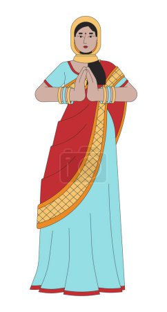 Illustration for Saree young woman praying on Diwali line cartoon flat illustration. Sari beautiful 2D lineart character isolated on white background. Worship of Lakshmi. Diwali celebration scene vector color image - Royalty Free Image