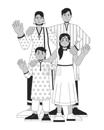 Illustration for Indian family wearing traditional clothing black and white cartoon flat illustration. Deepavali parents kids 2D lineart characters isolated. Diwali celebration monochrome scene vector outline image - Royalty Free Image