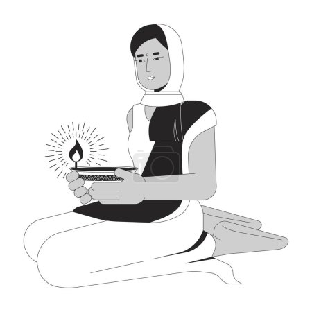 Illustration for Lighting diwali diya black and white cartoon flat illustration. Young adult indian woman holding oil lamp 2D lineart character isolated. Festival of lights monochrome scene vector outline image - Royalty Free Image