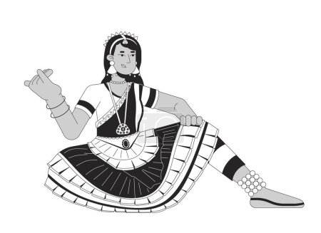 Téléchargez les illustrations : Femme danseuse bharatanatyam sur Deepavali dessin animé noir et blanc illustration plate. Diwali danseuse indienne femelle personnage linéaire 2D isolé. Adoration de Lakshmi monochrome scène vectoriel contour image - en licence libre de droit