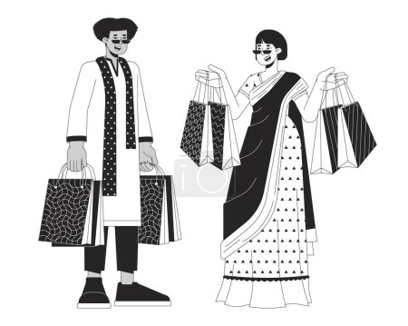 Téléchargez les illustrations : Diwali sacs-cadeaux noir et blanc dessin animé plat illustration. Ethnie indienne porter des gens divers personnages linéaires 2D isolés. Festival indien des lumières shopping monochrome scène vectoriel contour image - en licence libre de droit