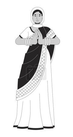 Téléchargez les illustrations : Saree jeune femme priant sur Diwali dessin animé noir et blanc illustration plate. Sari beau caractère linéaire 2D isolé. Adoration de Lakshmi. Diwali célébrer monochrome scène vecteur contour image - en licence libre de droit