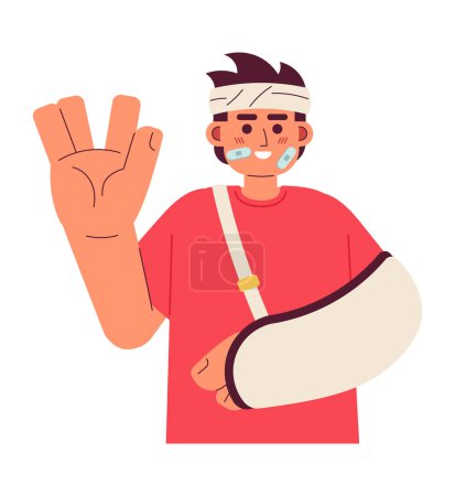 Illustration for Bandage wrapped man cheerful with arm sling cartoon flat illustration. Upbeat asian man vulcan greeting 2D character isolated on white background. Happy accident recovery scene vector color image - Royalty Free Image