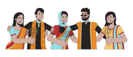 Ilustración de Grupo de amigos Diwali feliz 2D personajes de dibujos animados lineales. Chispas que sostienen indios aislados vector de línea de personas de fondo blanco. Festival hindú de luces Ilustración plana a color Deepawali - Imagen libre de derechos