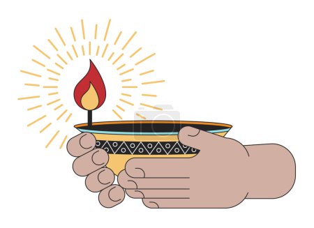 Illustration for Holding diwali oil lamp linear cartoon character hands illustration. Carrying flame spiritual outline 2D vector image, white background. Festival of lights hindu festival editable flat color clipart - Royalty Free Image