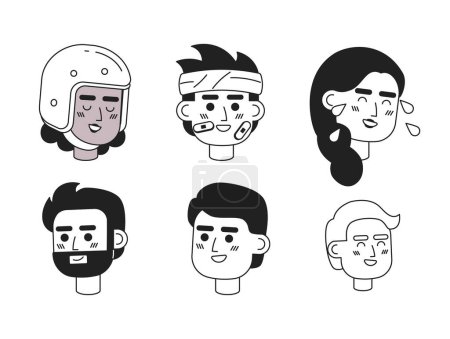 Illustration for Staying positive accident victims black and white 2D vector avatars illustration set. Diverse women, men outline cartoon character people icons isolated. Laughing flat line faces images collection - Royalty Free Image