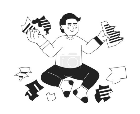 Illustration for Important documents ruined by toddler naughty black and white cartoon flat illustration. Laugh caucasian kid tears paper linear 2D character isolated. Happy accident monochromatic scene vector image - Royalty Free Image