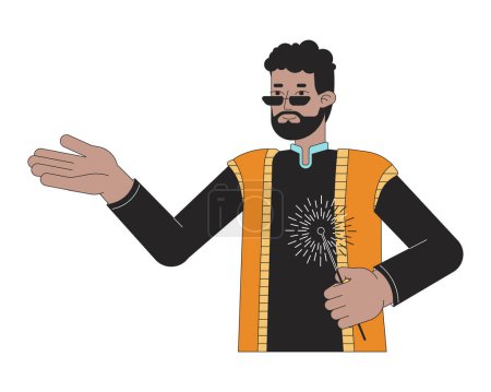 Illustration for Dhoti kurta man holding sparkler 2D linear cartoon character. African american male isolated line vector person white background. Hindu festival of lights Deepawali color flat spot illustration - Royalty Free Image