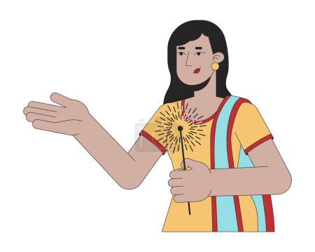 Illustration for Saree indian lady holding sparkler 2D linear cartoon character. Black hair young adult isolated line vector person white background. Hindu festival of lights Deepawali color flat spot illustration - Royalty Free Image