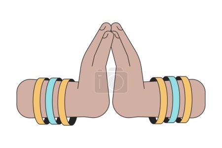 Téléchargez les illustrations : Indien religieux prière mains linéaire dessin animé personnage mains illustration. Image vectorielle 2D traditionnelle, fond blanc. Festival des lumières hindou festival éditable clipart de couleur plate - en licence libre de droit