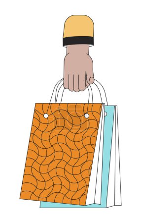 Illustration for South asian hand holding gift bags linear cartoon character hand illustration. Purchasing shopping outline 2D vector image, white background. Package store commerce editable flat color clipart - Royalty Free Image