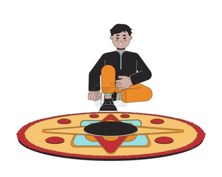 Illustration for Young indian boy creating rangoli 2D linear cartoon character. South asian child isolated line vector person white background. Hindu festival of lights Deepawali color flat spot illustration - Royalty Free Image