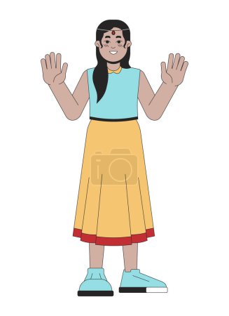 Illustration for Waving hands happy south asian girl ethnic 2D linear cartoon character. Young teen isolated line vector person white background. Hindu festival of lights Deepawali color flat spot illustration - Royalty Free Image