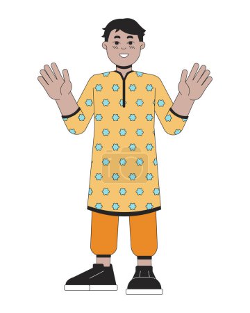 Little indian boy kurta tunic 2D linear cartoon character. Adorable kid south asian isolated line vector person white background. Hindu festival of lights Deepawali color flat spot illustration