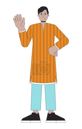 Illustration for Tunic kurta young adult man waving hand 2D linear cartoon character. South asian guy isolated line vector person white background. Hindu festival of lights Deepawali color flat spot illustration - Royalty Free Image