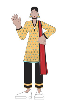 Traditional indian ethnic wear woman waving 2D linear cartoon character. Hindu beautiful isolated line vector person white background. Hinduism festival Deepawali color flat spot illustration