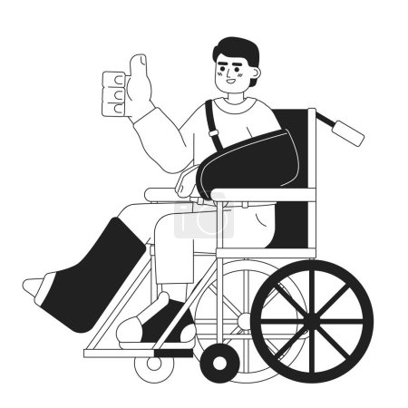 Illustration for Trauma recovery positive attitude black and white cartoon flat illustration. Cheerful wheelchair man thumb up linear 2D character isolated. Happy accident rehab monochromatic scene vector image - Royalty Free Image
