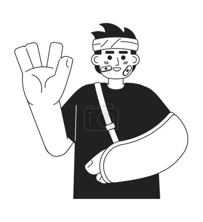 Illustration for Bandage wrapped man cheerful with arm sling black and white cartoon flat illustration. Upbeat asian man vulcan greeting linear 2D character isolated. Happy accident monochromatic scene vector image - Royalty Free Image