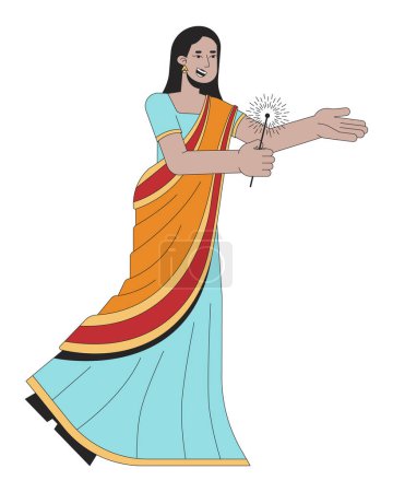 Illustration for Sari wearing happy woman with bengal light 2D linear cartoon character. Walking lady isolated line vector person white background. Hindu festival of lights Deepawali color flat spot illustration - Royalty Free Image