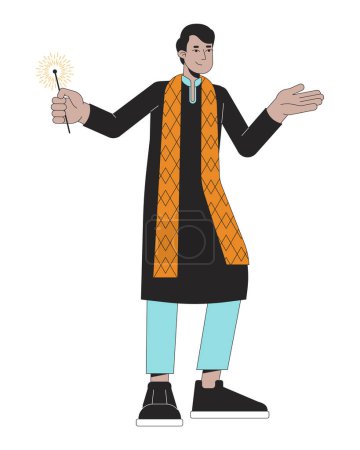 Illustration for Traditional indian kurta young man with bengal light 2D linear cartoon character. South asian isolated line vector person white background. Hindu festival lights Deepawali color flat spot illustration - Royalty Free Image