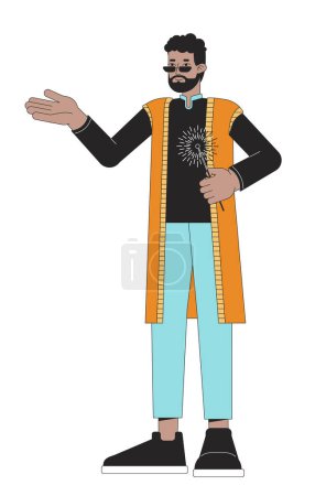 Téléchargez les illustrations : Dhoti kurta gars avec lumière bengale personnage de dessin animé linéaire 2D. afro-américain barbu isolé ligne vecteur personne fond blanc. Festival hindou des lumières Deepawali couleur plat spot illustration - en licence libre de droit