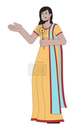 Illustration for Greeting south asian woman with bengal light 2D linear cartoon character. Saree female isolated line vector person white background. Hindu festival of lights Deepawali color flat spot illustration - Royalty Free Image
