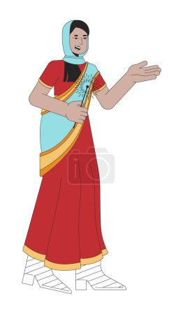Illustration for Islamic hijab smiling woman with bengal light 2D linear cartoon character. Young adult isolated line vector person white background. Hindu festival of lights Deepawali color flat spot illustration - Royalty Free Image