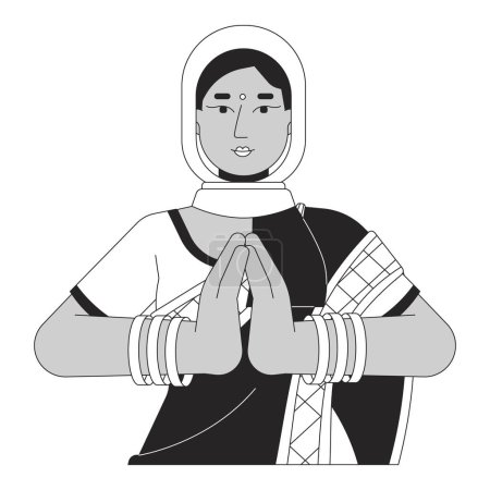 Traditional indian woman namaste black and white 2D line cartoon character. Anjali mudra pressing palms together isolated vector outline person. Hindu festival monochromatic flat spot illustration