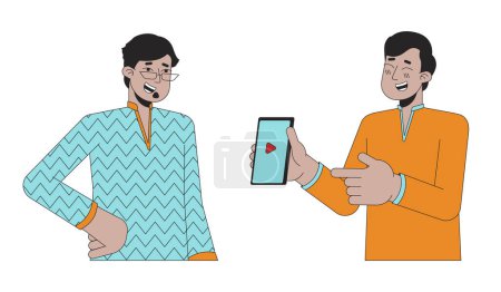 Rire homme indien pointant au téléphone à l'ami personnages de dessins animés linéaires 2D. Asiatiques du Sud gars isolé ligne vecteur personnes fond blanc. Festival hindou Illustration de taches plates couleur Deepawali