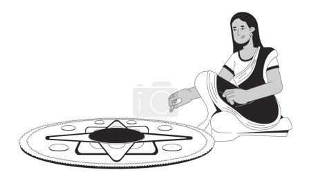 Illustration for Young indian woman making muggu black and white 2D line cartoon character. South asian lady isolated vector outline person. Hindu festival of lights Deepawali monochromatic flat spot illustration - Royalty Free Image