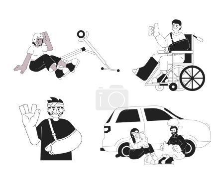Illustration for Happy accidents in daily life black and white cartoon flat illustrations set. Diverse linear 2D characters isolated. Keep positive attitude during trauma monochromatic scenes vector images collection - Royalty Free Image