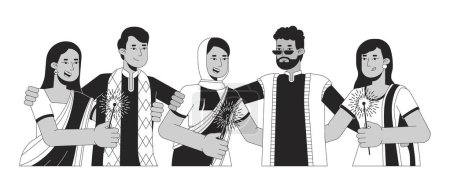 Téléchargez les illustrations : Groupe d'amis Diwali heureux noir et blanc personnages de bande dessinée ligne 2D. Sparkles tenant les Indiens isolés vecteur contour des gens. Festival hindou Deepawali monochromatique illustration spot plat - en licence libre de droit