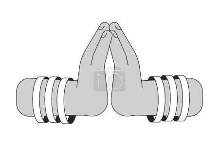 Illustration for Indian religious praying hands cartoon human hands outline illustration. Traditional namaste 2D isolated black and white vector image. Festival of lights hindu flat monochromatic drawing clip art - Royalty Free Image