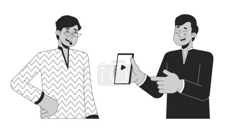 Laughing indian man pointing on phone to friend black and white 2D line cartoon characters. South asians guys isolated vector outline people. Hindu Deepawali monochromatic flat spot illustration