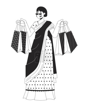 Téléchargez les illustrations : Femme coréenne Saree tenant des sacs pour la célébration Diwali noir et blanc personnage de bande dessinée ligne 2D. Adulte femelle isolée vecteur contour personne. Illustration de taches plates monochromatiques hindoues Deepawali - en licence libre de droit