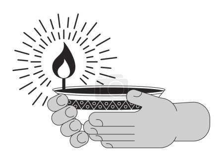 Holding diwali oil lamp cartoon human hands outline illustration. Carrying flame spiritual 2D isolated black and white vector image. Festival of lights hindu flat monochromatic drawing clip art