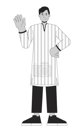 Illustration for Tunic kurta young adult man waving hand black and white 2D line cartoon character. South asian guy isolated vector outline person. Hindu festival Deepawali monochromatic flat spot illustration - Royalty Free Image