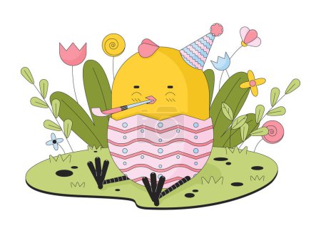 Illustration for Easter young chicken party blower 2D linear illustration concept. Celebrating chick birthday cartoon character isolated on white. Eastertide bird in grass metaphor abstract flat vector outline graphic - Royalty Free Image