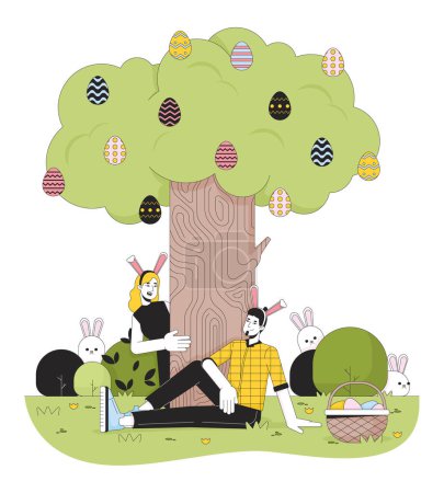 Illustration for Easter egg hunting 2D linear illustration concept. Caucasian couple wearing bunny ears in yard cartoon characters isolated on white. April Eastertime metaphor abstract flat vector outline graphic - Royalty Free Image