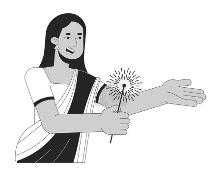 Sari beautiful woman holding sparkler black and white 2D line cartoon character. South asian female isolated vector outline person. Festival of lights Deepawali monochromatic flat spot illustration